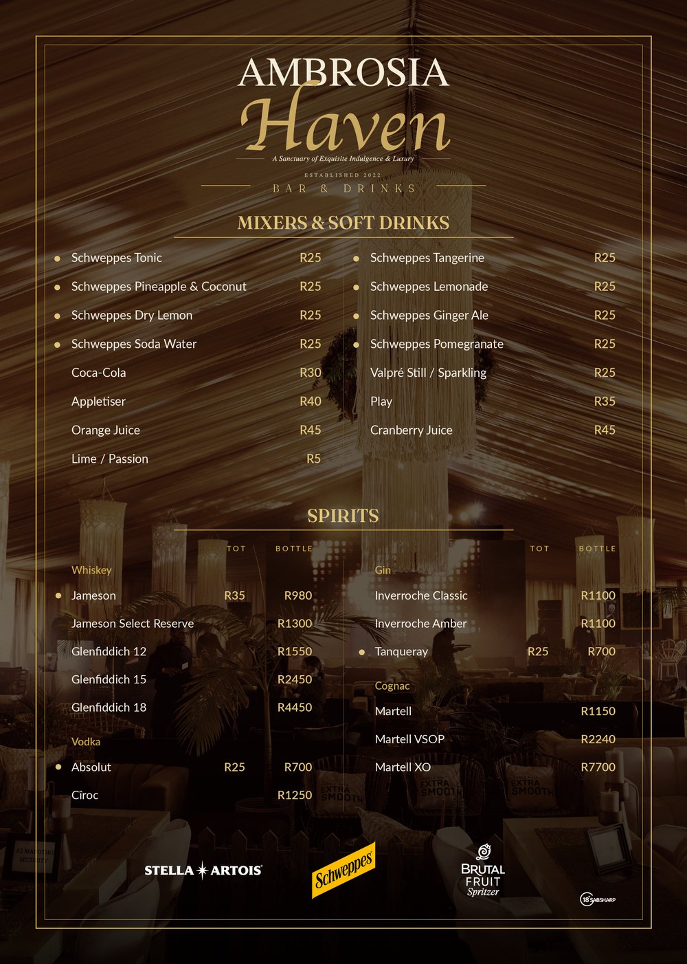 Ambrosia Haven 2026 drinks menu — front